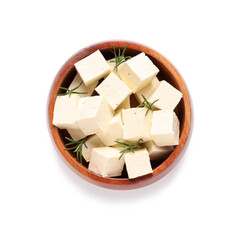 Bowl with pieces of tasty tofu cheese isolated on white background