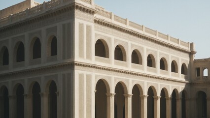 Fototapeta premium Serene Arches and Geometric Elegance: A Study in Architectural Symmetry and Harmony with Soft Natural Light Accentuating Textural Details.