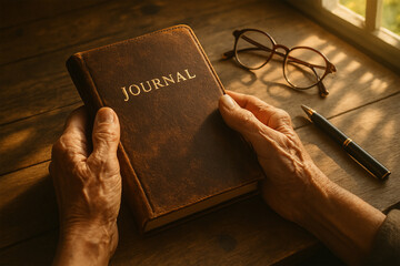 老いた手と革表紙の日記帳