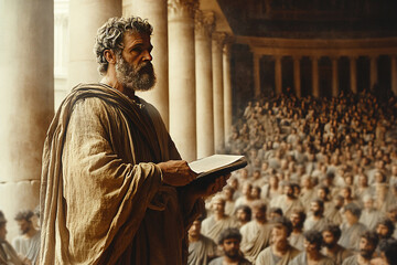 Philosopher lectures students in ancient Roman hall filled with eager listeners