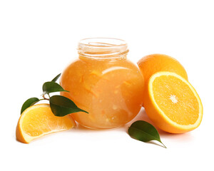 Jar of sweet orange jam and fruits on white background