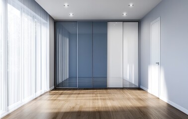 Fototapeta premium Modern Wardrobe with Sliding Doors and Wooden Floor in Bright Room