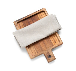 Napkin and wooden cutting board on white background