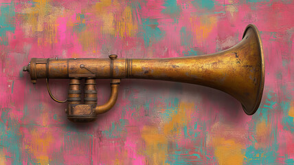 Antique brass horn on vibrant pink and colorful textured background, evoking sense of nostalgia and artistic flair
