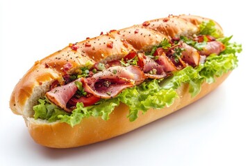 Delicious sandwich filled with fresh lettuce tomato and layers of ham isolate on white background