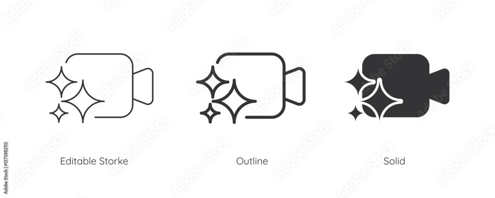 Poster Generate video AI icon set. Video camera with generate symbol. Line and silhouette icon. Icons for app user interface and web elements. Vector illustration. Editable stroke.