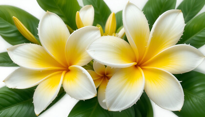 Obraz premium Stunning white and yellow plumeria flowers, isolated on a transparent background—perfect for beach-themed art, nature graphics, and tropical celebrations.