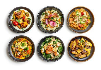 6 plates of Indian cuisine on a white background