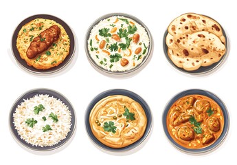 6 plates of Indian cuisine on a white background