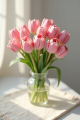 Pink tulips in glass vase in sunlight