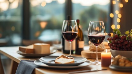 Fototapeta premium Romantic Dinner Setting: A warm and inviting scene of a table set for a romantic dinner, complete with red wine, cheese, bread, and candles, with a soft background of lights.