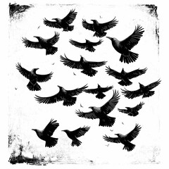 Obraz premium black silhouettes crows flying isolated on white background