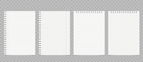 Set of torn lined and squared paper. Torn sheet of paper from a notebook with rough edges. Vector illustration of sticky notes and notebook pages for banners, posters, posts.