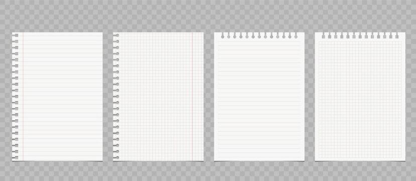 Set of torn lined and squared paper. Torn sheet of paper from a notebook with rough edges. Vector illustration of sticky notes and notebook pages for banners, posters, posts.