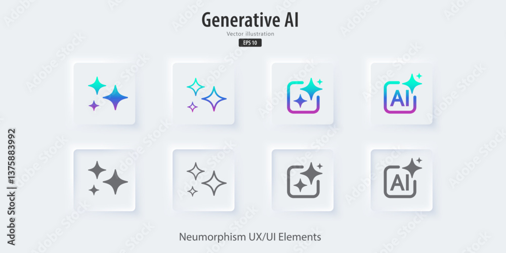 Poster Set of Modern AI Generate button. Generate ideas from machine learning. Generative button in trendy neuromorphic style for Apps, websites, and interfaces. UI UX elements. Vector illustration