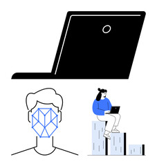 Laptop, facial recognition face grid, and woman on bar graph with laptop highlight digital identity, AI, remote communication, analytics, technological innovation, security. Ideal for tech security