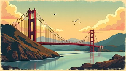 Obraz premium Golden Gate Bridge at Sunset with Hazy Sky and Calm Waters, golden gate bridge at sunset