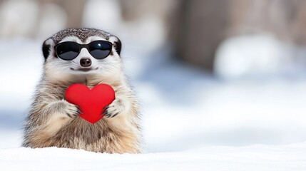 A cute meerkat in sunglasses holds a red heart, set against a bright, sunny background ideal for Valentine's Day celebrations