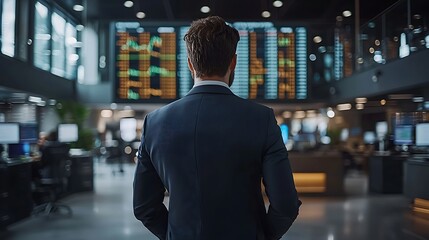 Businessman Watching Flight or Stock Data on Large Screen