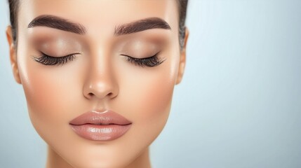 Fototapeta premium Close up shot of beautiful woman face with closed eyes perfect makeup and flawless skin in soft lighting