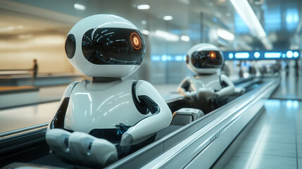 Fototapeta premium Meditating Robots on Walkway. Two futuristic robots sit cross-legged on a moving walkway, seemingly meditating while traveling through a modern transit hub.