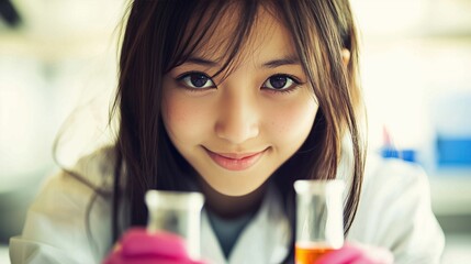 Smiling young Asian scientist in lab coat holds beakers with colorful liquids camera with anticipation