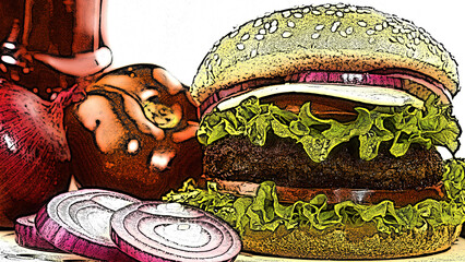 A hamburger with a sesame seed bun, layered with lettuce, tomato slices, cheese, and a double beef patty. 