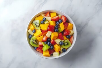 A bowl of fresh fruit salad on a white marble table