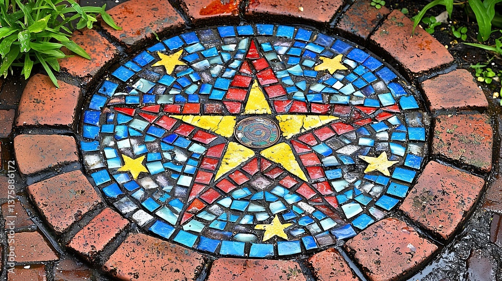 Poster mosaic star pattern on brick surface colorful tiles and radial design decorative element
