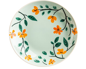 Hand painted ceramic plate featuring vintage floral pattern with vibrant orange flowers and green leaves on soft mint background. This decorative piece adds charm to any table setting