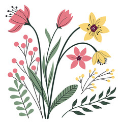 Vector illustration of a floral bouquet with flowers, leaves, and lily design, showcasing spring and summer beauty in a colorful, decorative pattern