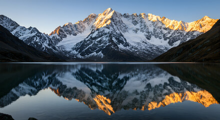 Majestic snow-capped mountains reflecting on the still surface of a crystal-clear alpine lake.