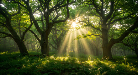 Obraz premium Lush green forest with sunlight filtering through tall ancient trees, creating a magical glow.