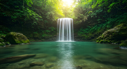 Serene waterfall cascading over moss-covered rocks into a tranquil emerald pool.