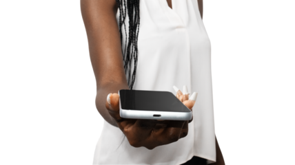 Black African young woman wearing white sleeveless blouse shirt holding phone over transparent background. side view
