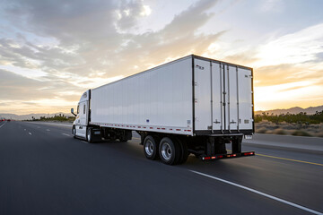 Low-angle shot from behind of a large transport truck moving on a highway