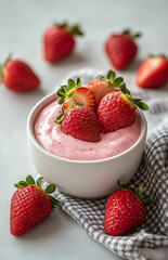 Delicious strawberry yogurt bowl with fresh strawberries on a checkered cloth against a light background