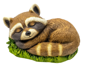 charming raccoon figurine in cozy curled up pose, resting peacefully on patch of green grass. This delightful woodland decoration adds touch of whimsy and warmth to any space