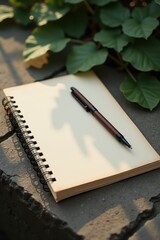 Notebook pen on surface with greenery