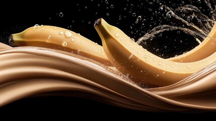 Fototapeta premium Fresh yellow bananas glisten with water droplets, highlighting their ripeness against a backdrop of countless more bananas
