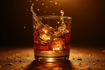 Splashing ice cubes in whiskey glass bar setting food photography warm atmosphere close-up view