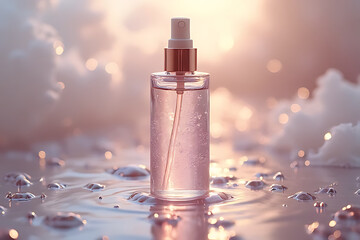 Refreshing beauty spray in serene water setting ethereal light close-up photography calm mood