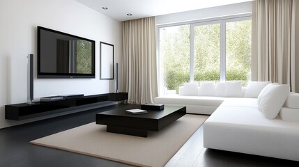 Fototapeta premium Bright and airy living room showcases a black coffee table, white sofa, and a flat-screen TV in a stylish minimalist design