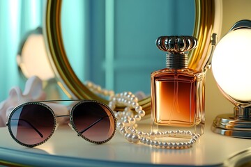 An Old Hollywood glamour setting with a retro perfume bottle, glam sunglasses, and pearls on a classic vanity with a lit mirror. © Hashim