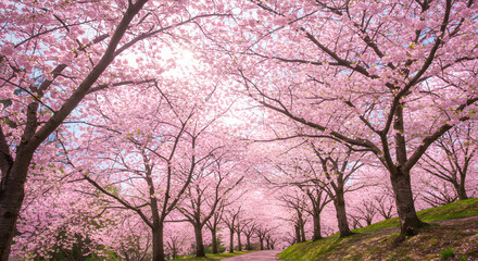 Cherry blossom trees in full bloom, their pink petals drifting through the air in a gentle breeze.