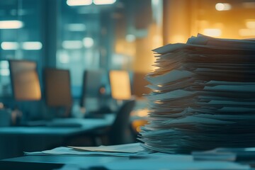 A stack of papers on an office desk, with a blurred background showing digital screensv