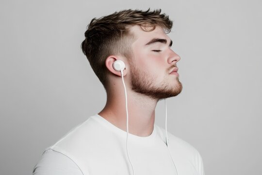 Young man enjoying music with headphones in a calm setting while wearing a simple white t-shirt