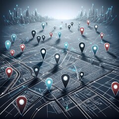futuristic navigation concept with many colorful pin points on perspective city map background; finding the location of destination