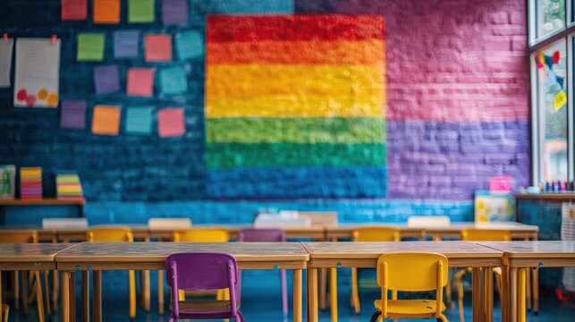 Colorful classroom with rainbow mural and empty desks, promoting inclusivity and creativity. 