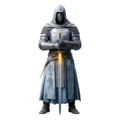 Epic Battle of the Mystical Warrior in Ancient Ruins with Glowing Sword on Transparent Background